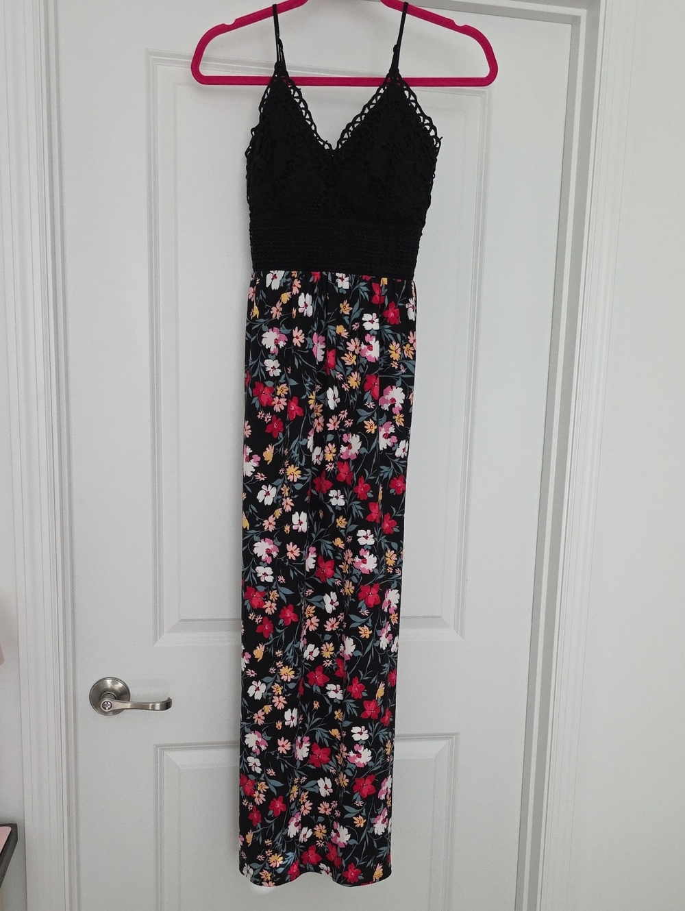 No Boundaries Black Floral Crochet-Top Maxi Dress